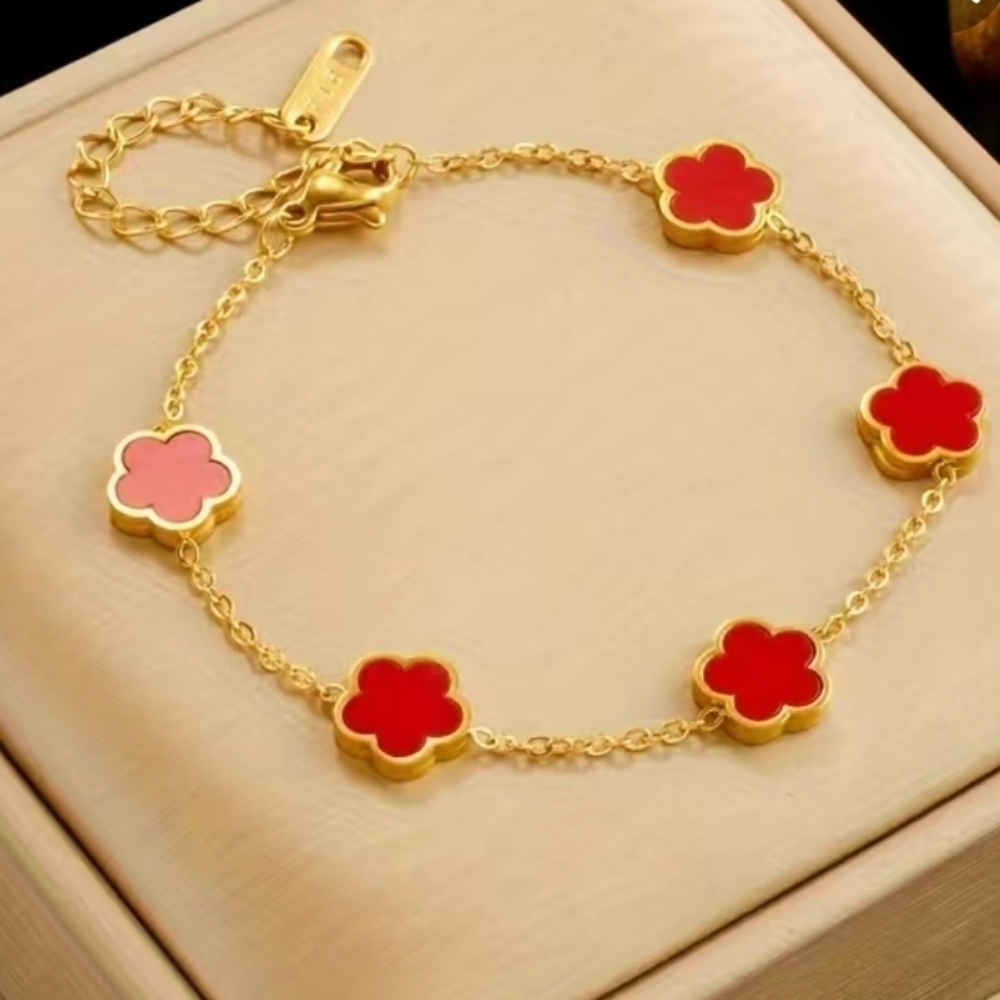 18K Gold Plated Five Petal Flower Bracelet in Red Enamel